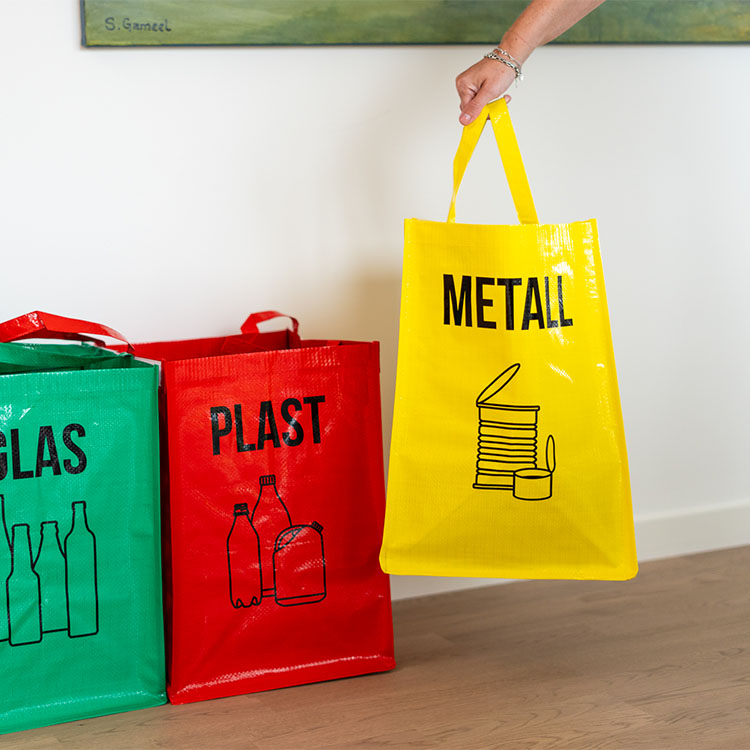 Recycling sorting bags for glass, paper, metal and plastic