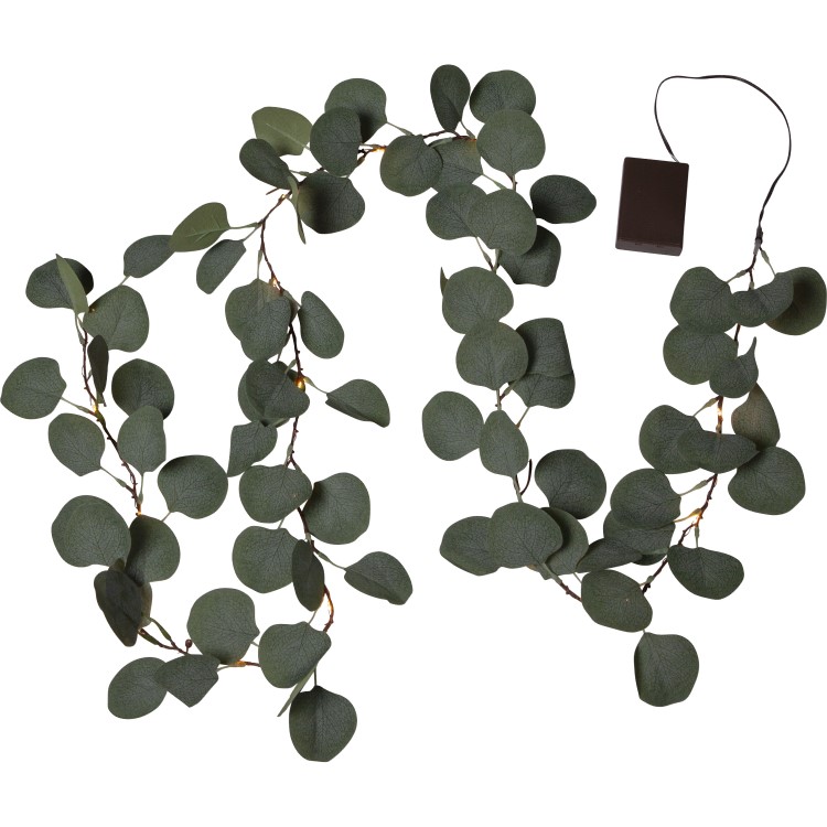 Battery-powered string lights with eucalyptus leaves