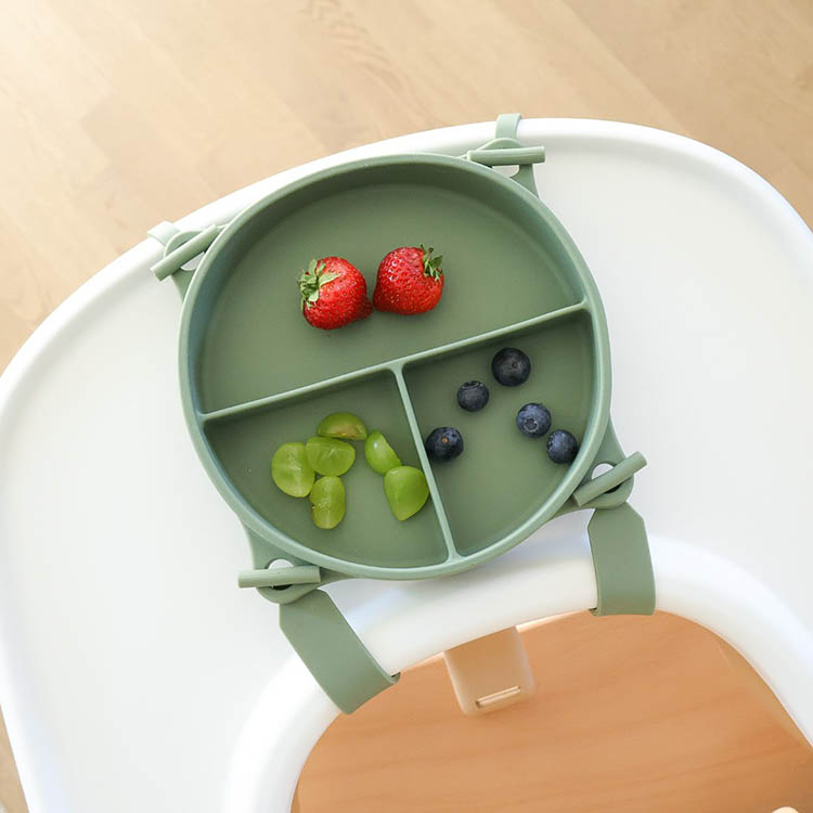 Children's plate with suction cup and strap