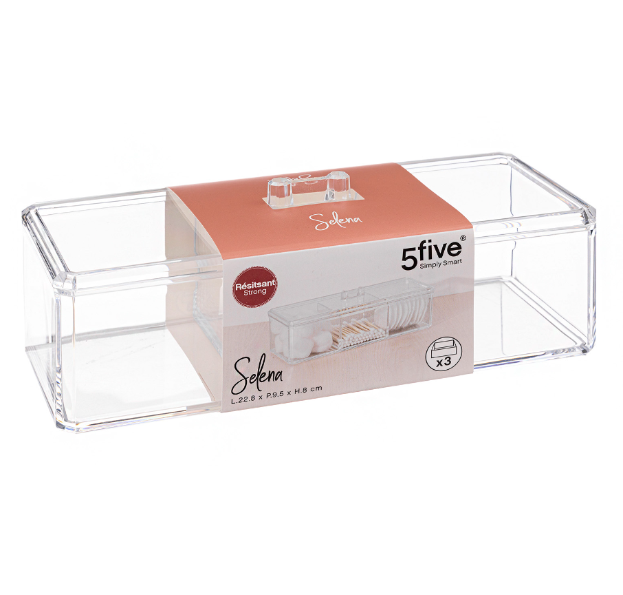 Container With Lid, 3 Compartments, SELENA, 22,8 x 9,5 x H 8,3 cm, Clear