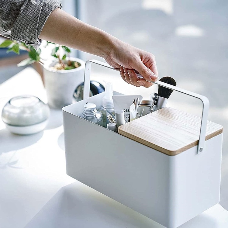 Cosmetic organizer with mirror, TOWER MAKE UP BOX, Yamazaki, White / Nature