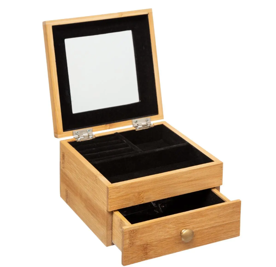 Jewelry box with mirror, SQUARE BAMBOO, 15 x 15 x H 9,5 cm, Nature