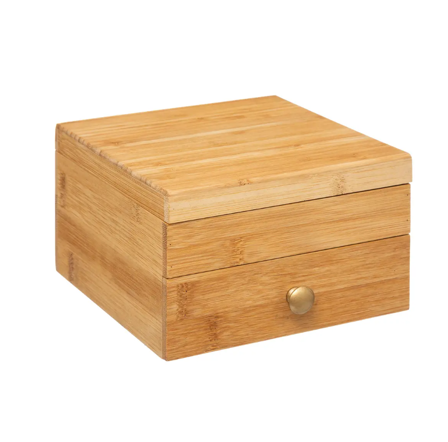 Jewelry box with mirror, SQUARE BAMBOO, 15 x 15 x H 9,5 cm, Nature